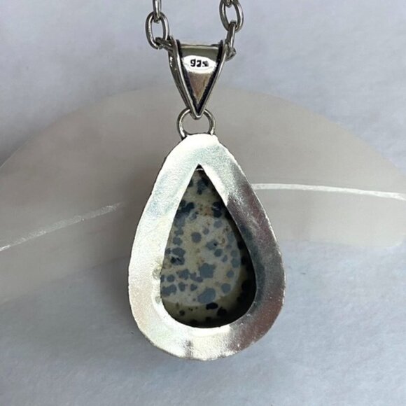 Artisan Silver Plated Bezel Set 2.46" Teardrop Dalmatian Jasper Pendant Necklace - Picture 7 of 16